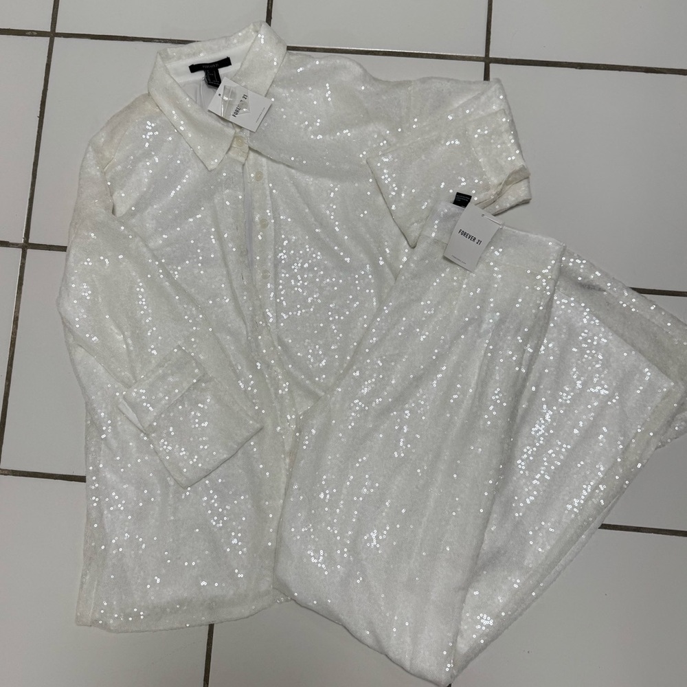 White Sequin Shirt and Wide Pant Set